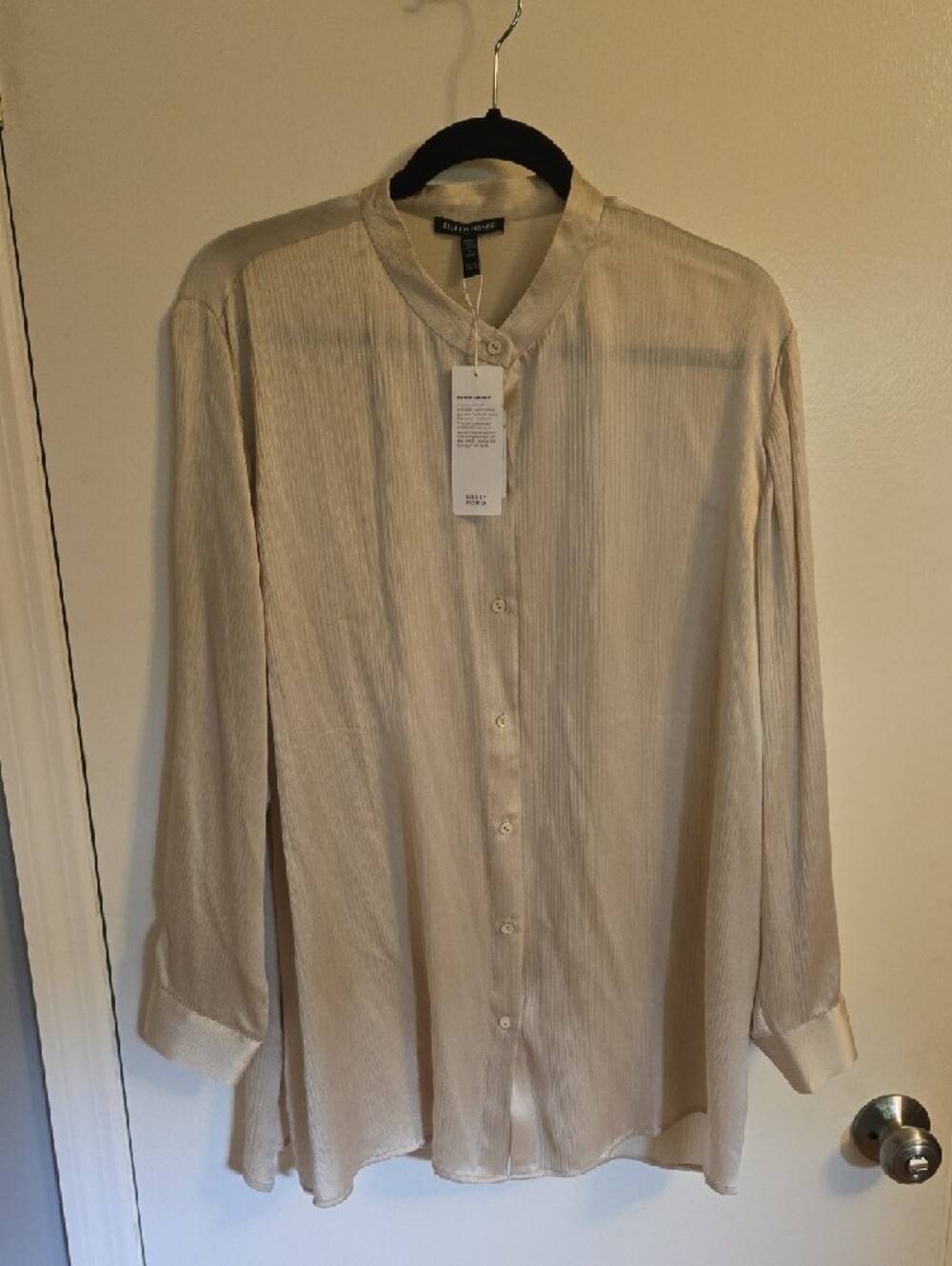 Eileen Fisher Silk Satin Mandarin Collar Button-Down Blouse in Cream - Picture 3 of 6